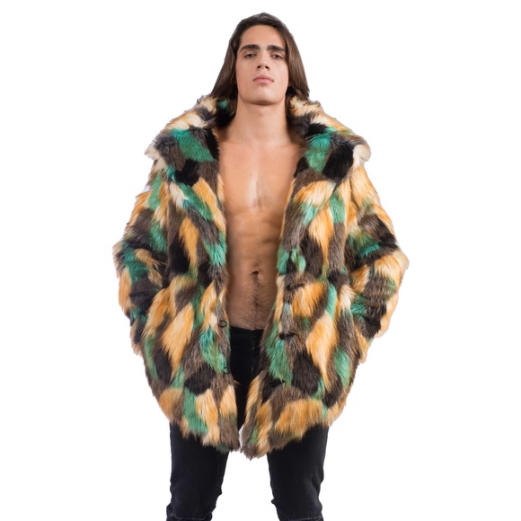 FURROCIOUS FURR Men’s Faux Fur Short Green Black Coat for Festivals Burning Man